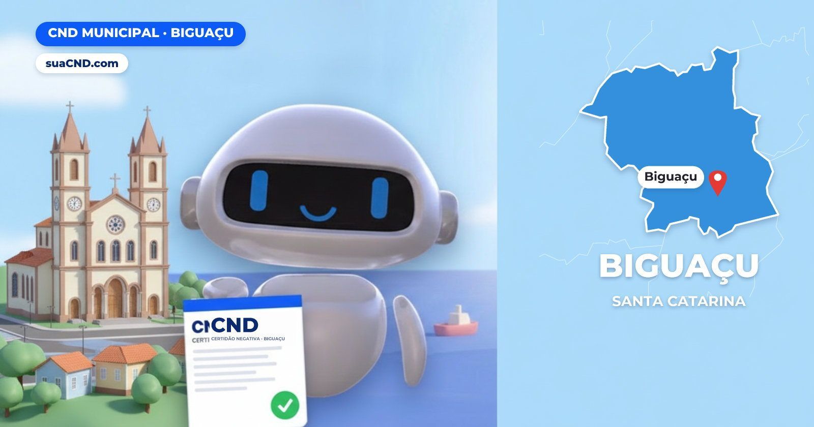 Mascote da suaCND segurando a CND Municipal de Biguaçu, com o mapa de Biguaçu e Igreja Matriz São João Evangelista, no centro