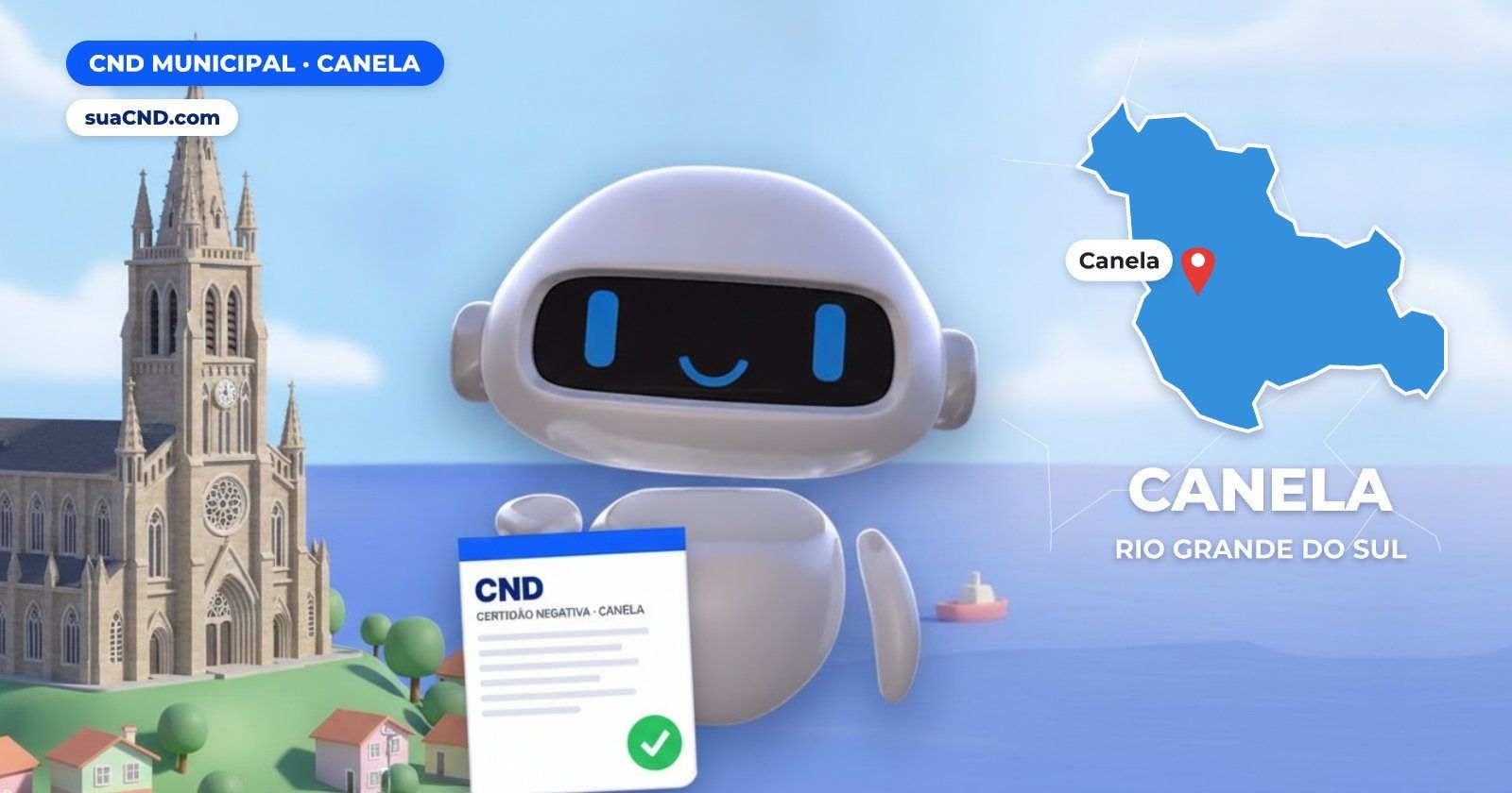 Mascote da suaCND segurando a CND Municipal de Canela, com o mapa de Canela e Catedral de Pedra (Igreja Matriz Nossa Senhora