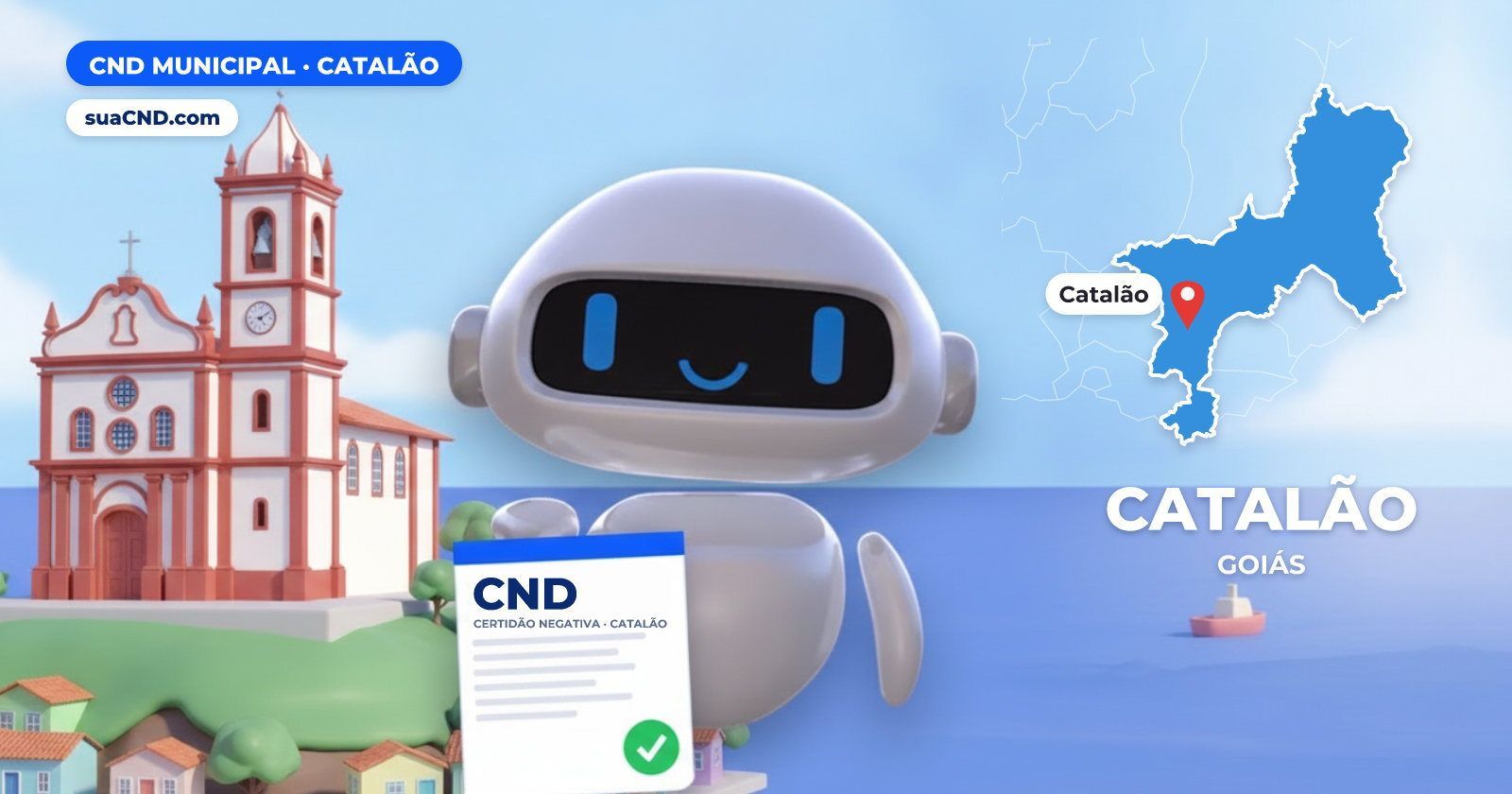 Mascote da suaCND segurando a CND Municipal de Catalão, com o mapa de Catalão e Igreja de Nossa Senhora do Rosário, em Catalã