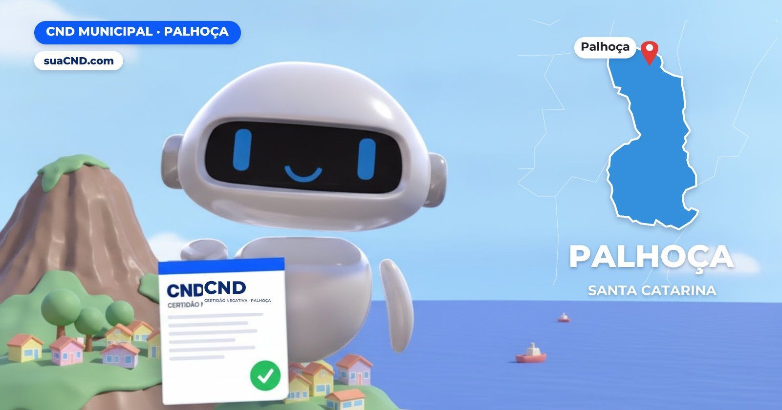 Mascote da suaCND segurando a CND Municipal de Palhoça, com o mapa de Palhoça e Morro do Cambirela, Palhoça (SC) ao fundo