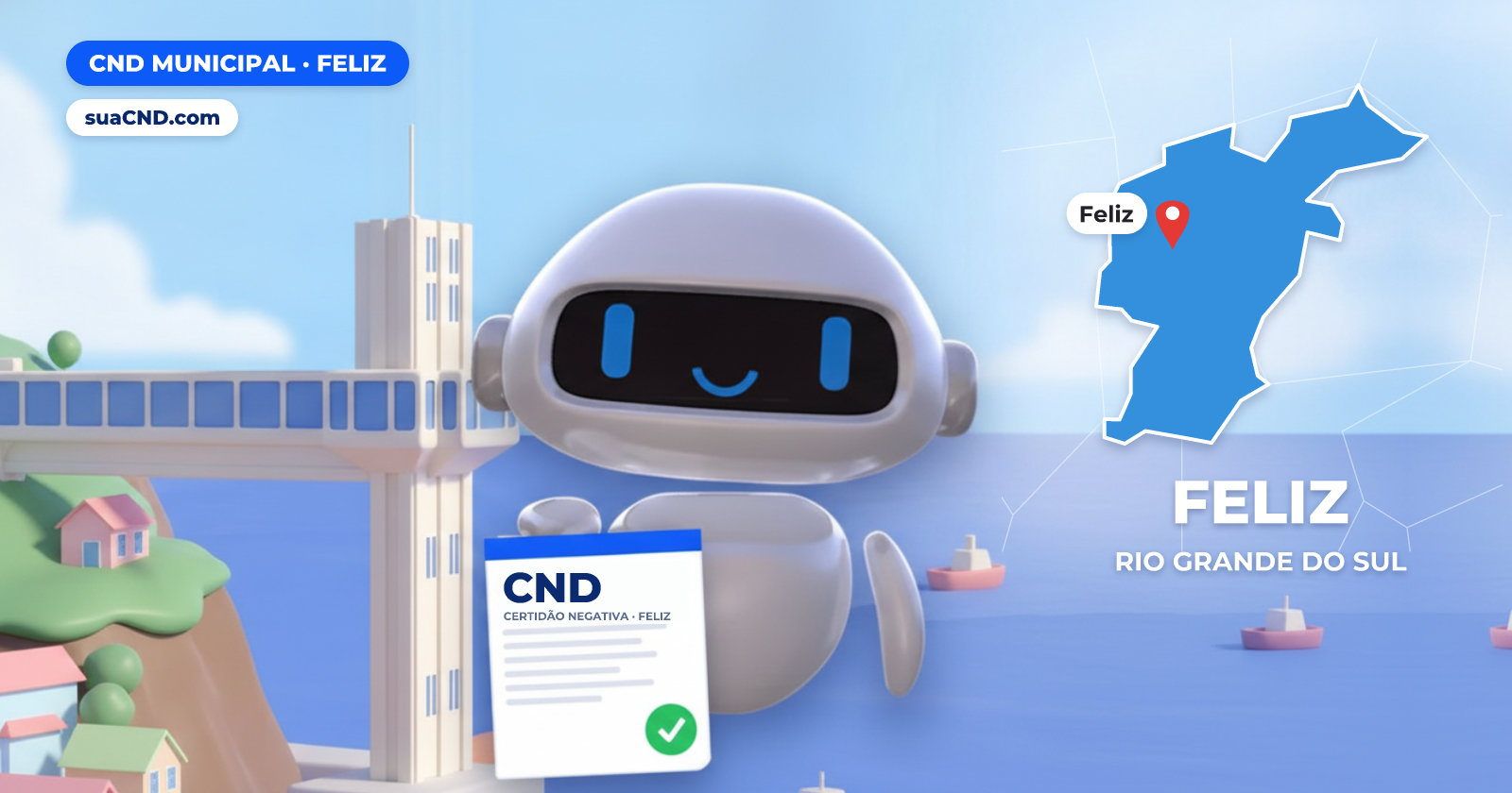 Mascote da suaCND segurando a CND Municipal de Feliz, com o mapa de Feliz e Ponte de Ferro sobre o Rio Caí, em Feliz (RS) ao