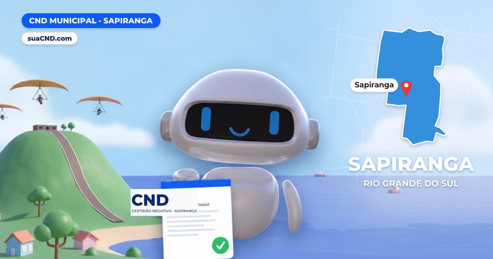 Mascote da suaCND segurando a CND Municipal de Sapiranga, com o mapa de Sapiranga e Morro Ferrabraz, cartão-postal de Sapiran
