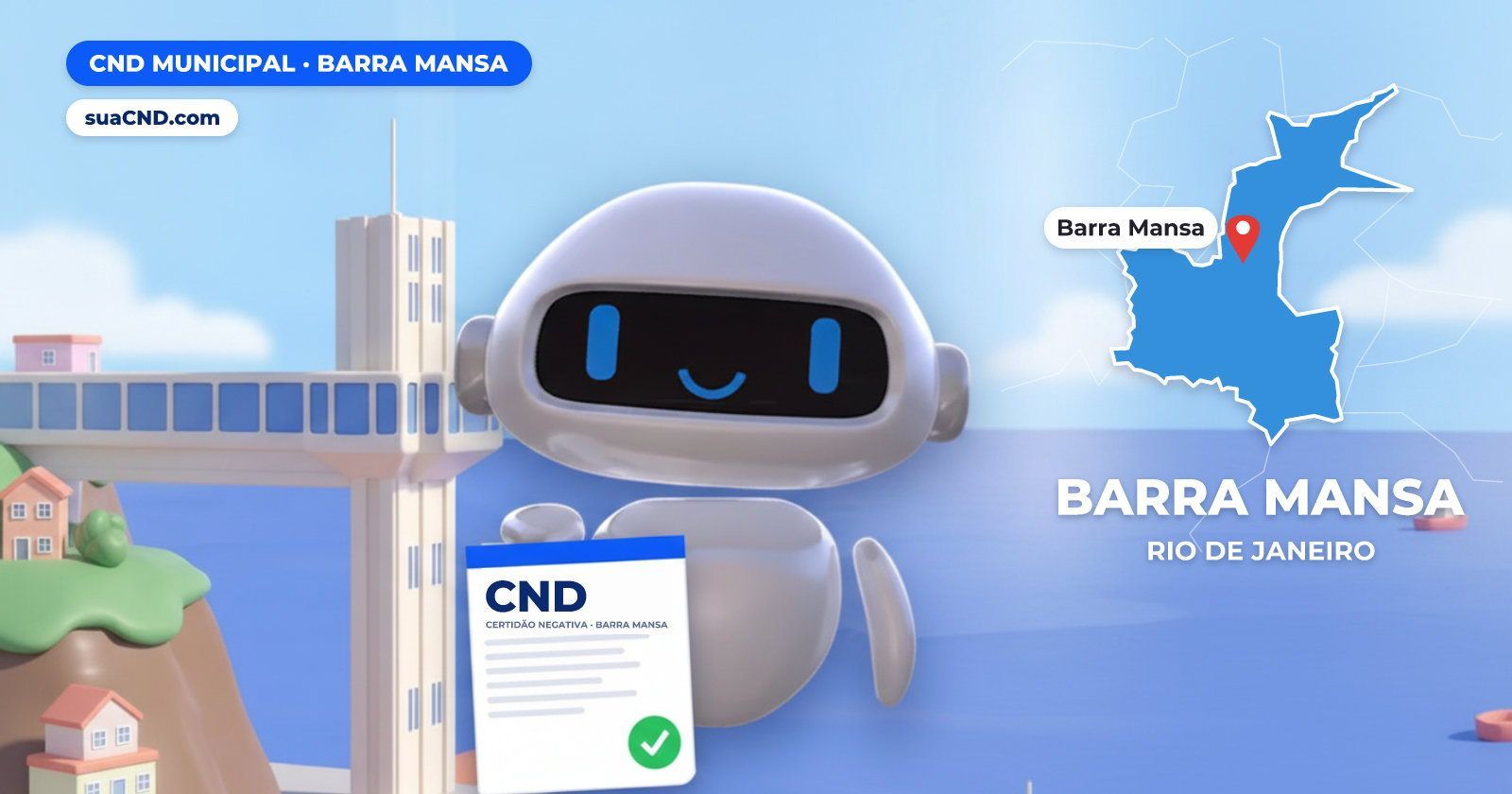 Mascote da suaCND segurando a CND Municipal de Barra Mansa, com o mapa de Barra Mansa e Ponte dos Arcos, em Barra Mansa ao fu