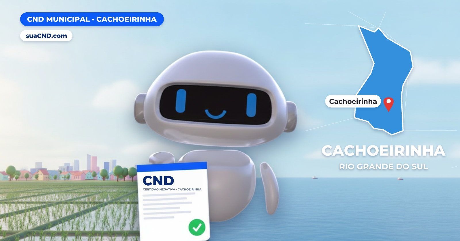 Mascote da suaCND segurando a CND Municipal de Cachoeirinha, com o mapa de Cachoeirinha e Lavoura de arroz, símbolo que apare