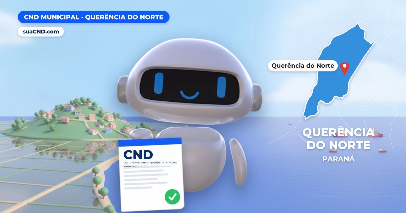 Mascote da suaCND segurando a CND Municipal de Querência do Norte, com o mapa de Querência do Norte e Lavouras de arroz irrig