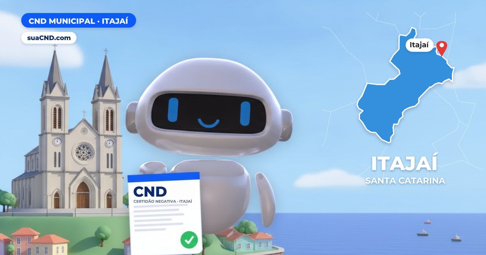 Mascote da suaCND segurando a CND Municipal de Itajaí, com o mapa de Itajaí e Igreja Matriz do Santíssimo Sacramento, cartão-