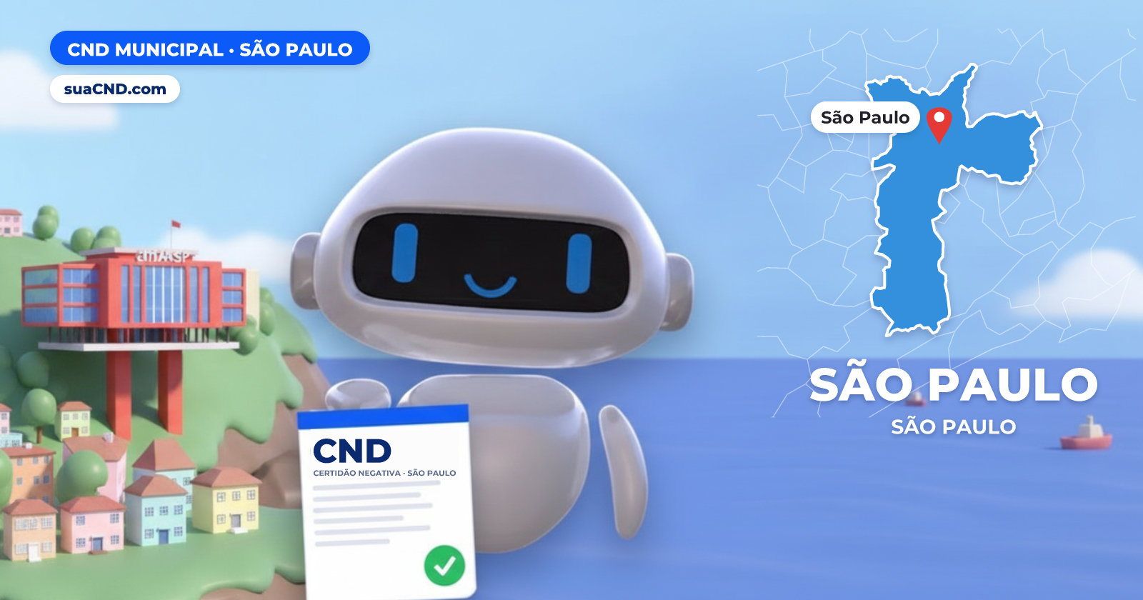 Mascote da suaCND segurando a CND Municipal de São Paulo, com o mapa de São Paulo e MASP, na Avenida Paulista, em São Paulo a