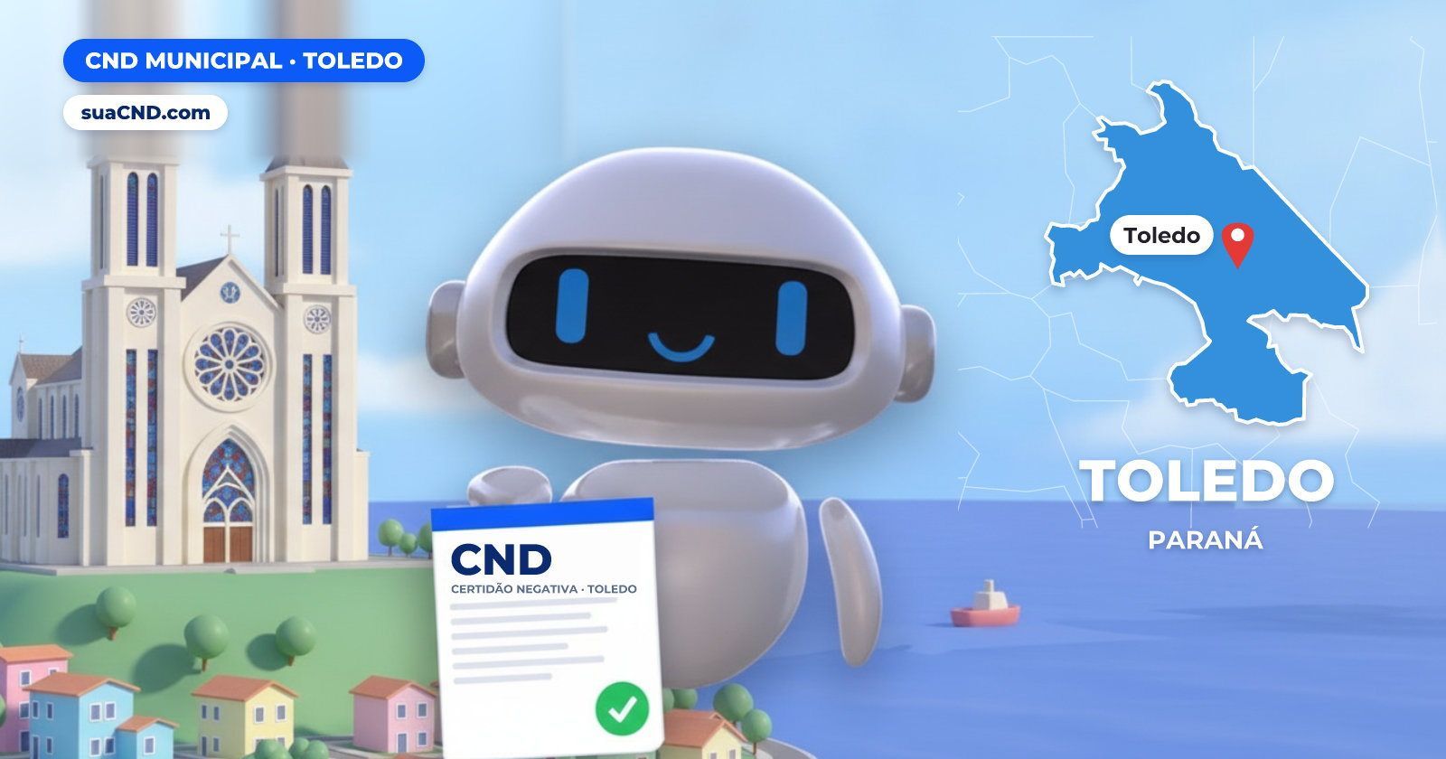 Mascote da suaCND segurando a CND Municipal de Toledo, com o mapa de Toledo e Catedral Cristo Rei, em Toledo (PR) ao fundo