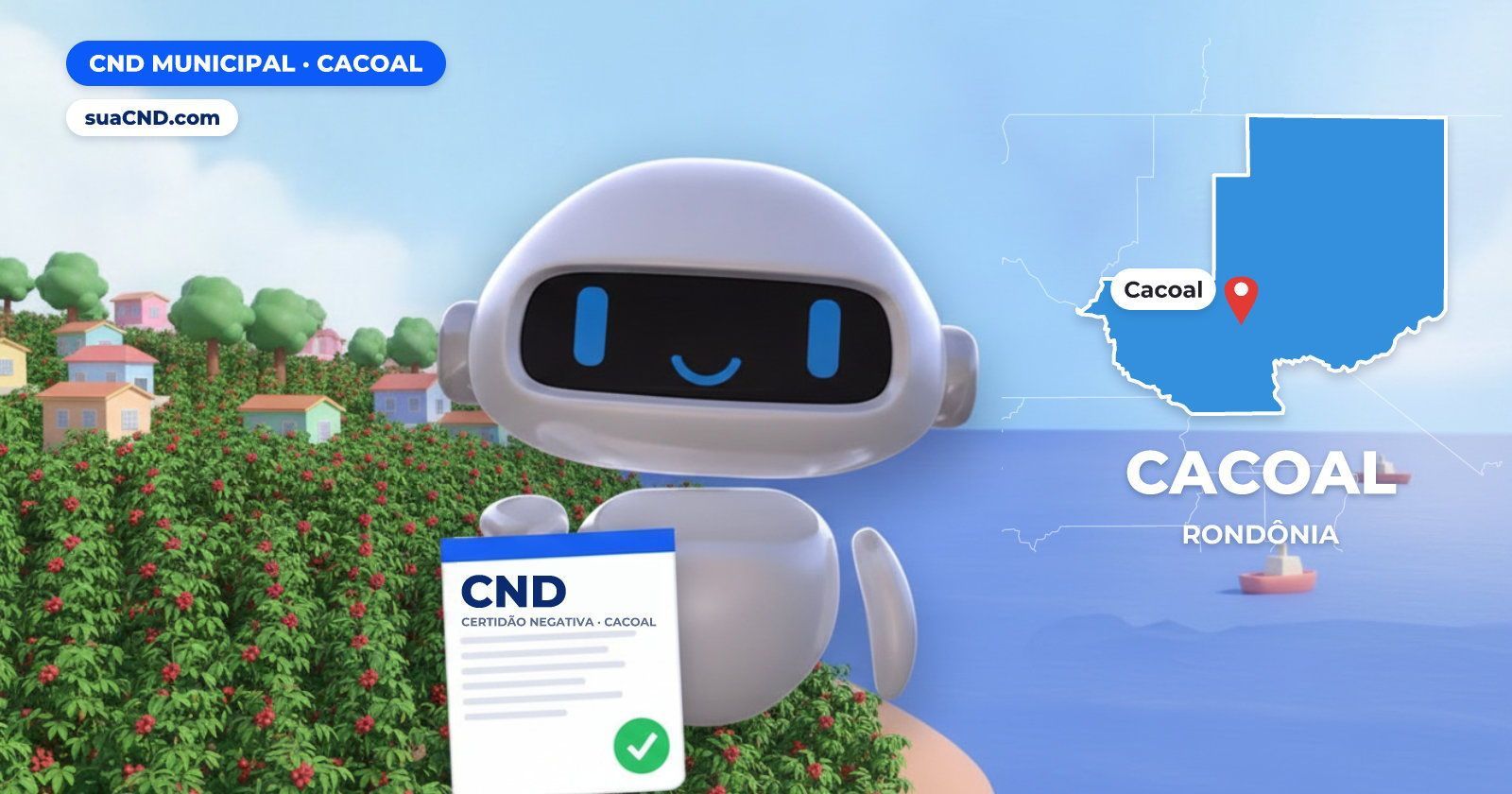 Mascote da suaCND segurando a CND Municipal de Cacoal, com o mapa de Cacoal e Lavoura de café, símbolo da Capital do Café ao