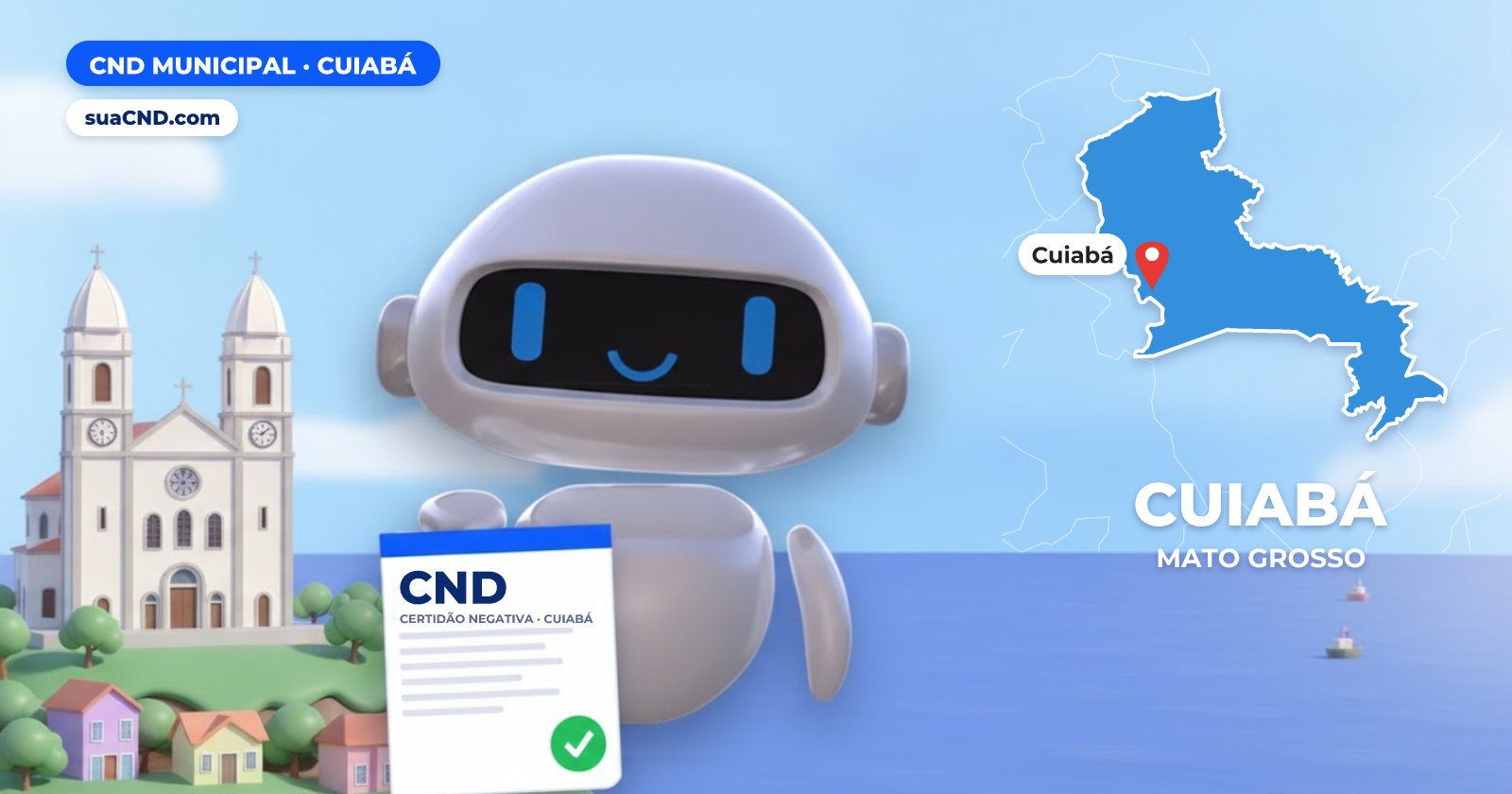 Mascote da suaCND segurando a CND Municipal de Cuiabá, com o mapa de Cuiabá e Catedral Basílica do Senhor Bom Jesus, na Praça