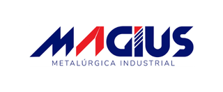 Logotipo da MAGIUS em azul e vermelho com o subtítulo “Metalúrgica Industrial”.