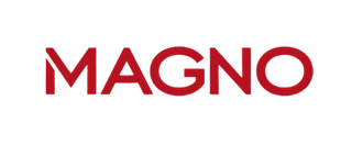 Logotipo da MAGNO em negrito vermelho sobre fundo branco.