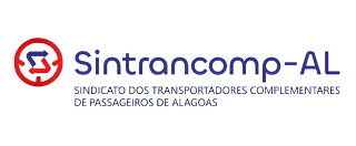 Logotipo da Sintrancomp-AL com ícone circular vermelho e texto azul, para o sindicato de transporte de passageiros de Alagoas.