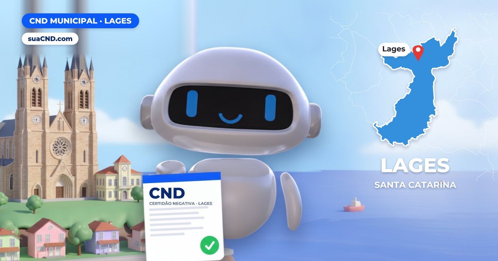 Mascote da suaCND segurando a CND Municipal de Lages, com o mapa de Lages e Catedral Diocesana Nossa Senhora dos Prazeres, em