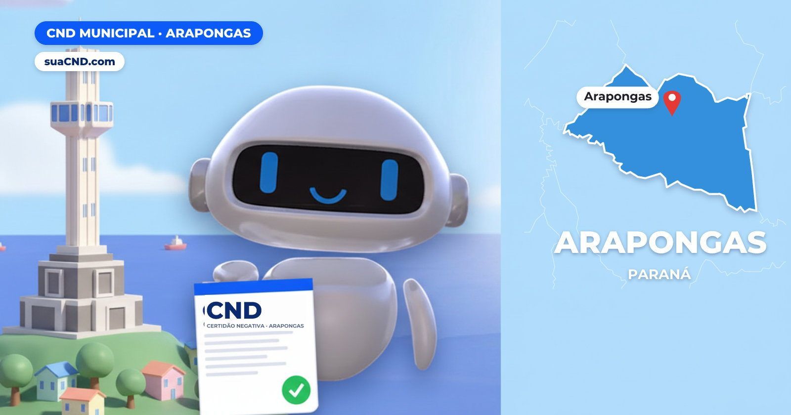 Mascote da suaCND segurando a CND Municipal de Arapongas, com o mapa de Arapongas e Monumento à araponga, na Praça Júlio Junq