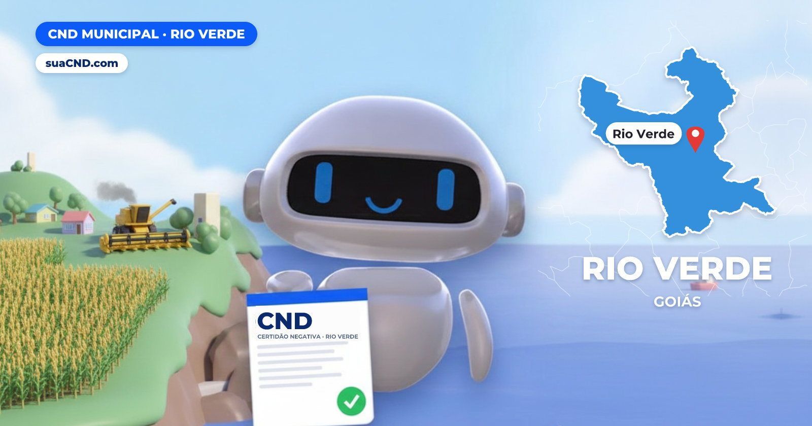 Mascote da suaCND segurando a CND Municipal de Rio Verde, com o mapa de Rio Verde e Lavoura de soja e milho em Rio Verde, a c