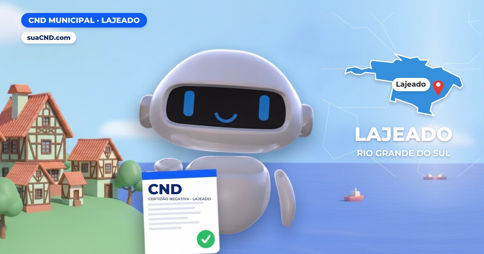 Mascote da suaCND segurando a CND Municipal de Lajeado, com o mapa de Lajeado e Parque Histórico Municipal de Lajeado, com as