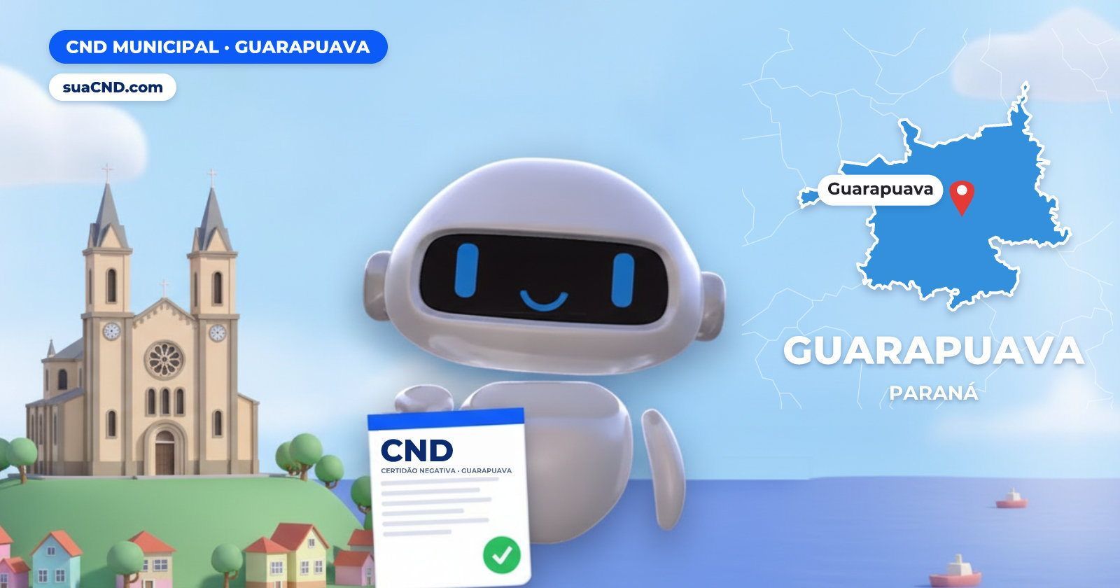 Mascote da suaCND segurando a CND Municipal de Guarapuava, com o mapa de Guarapuava e Catedral Nossa Senhora de Belém, Guarap