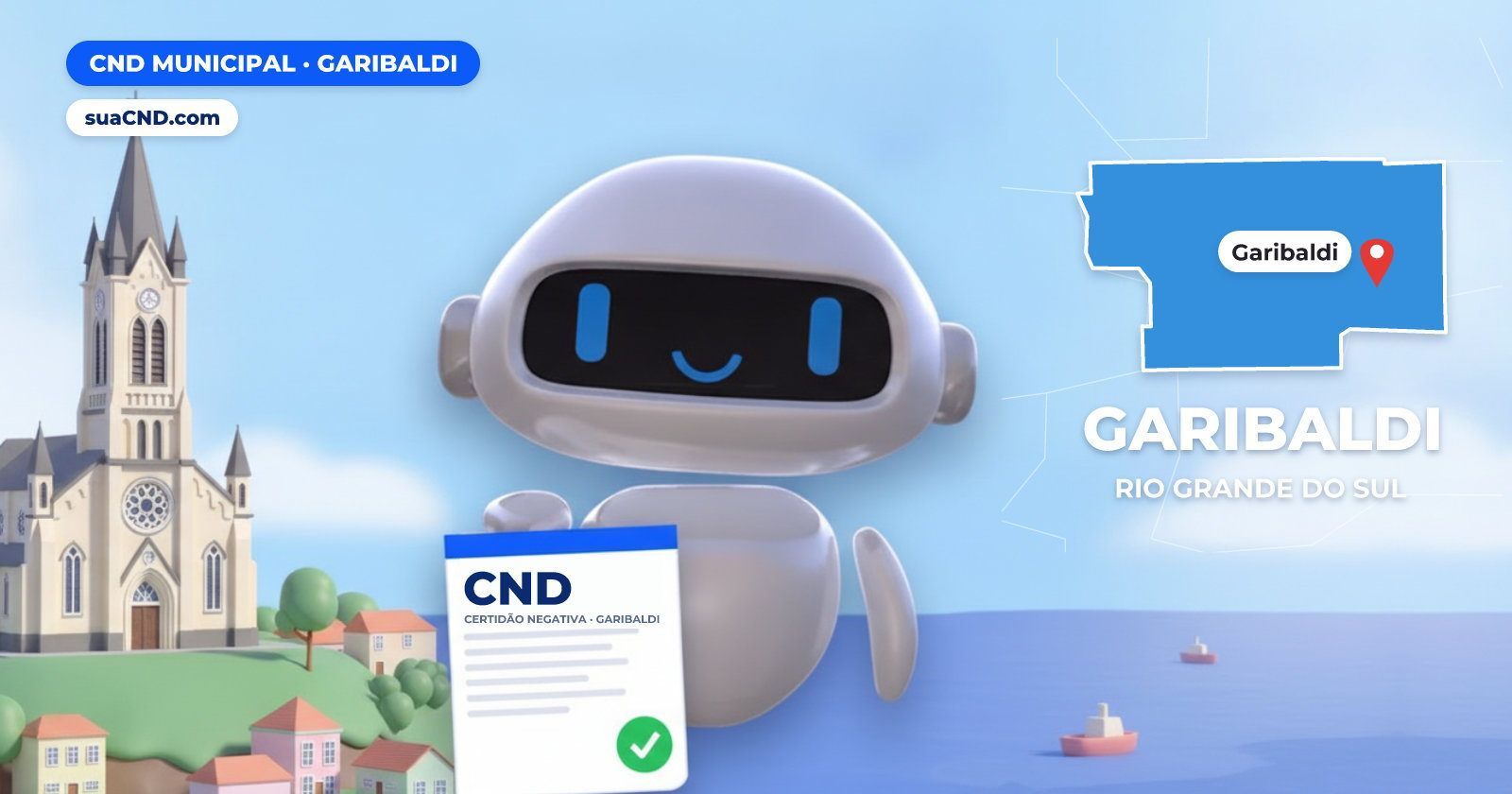 Mascote da suaCND segurando a CND Municipal de Garibaldi, com o mapa de Garibaldi e Igreja Matriz São Pedro, em Garibaldi (RS