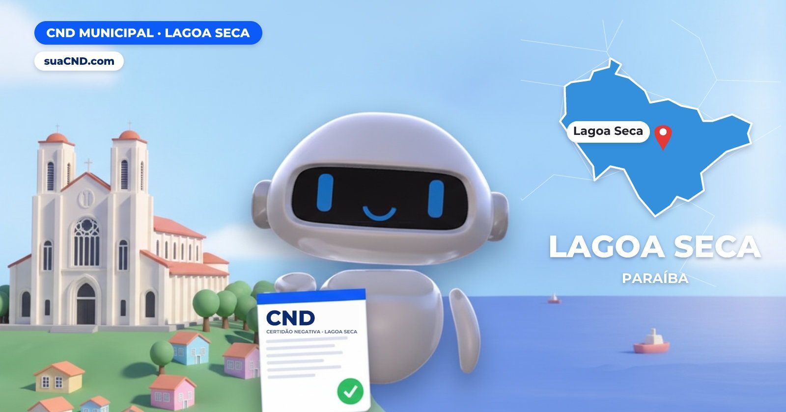 Mascote da suaCND segurando a CND Municipal de Lagoa Seca, com o mapa de Lagoa Seca e Convento Ipuarana, em Lagoa Seca (PB) a
