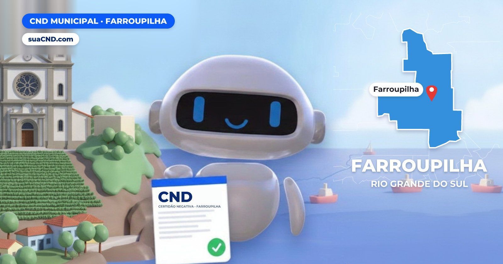 Mascote da suaCND segurando a CND Municipal de Farroupilha, com o mapa de Farroupilha e Santuário de Nossa Senhora de Caravag