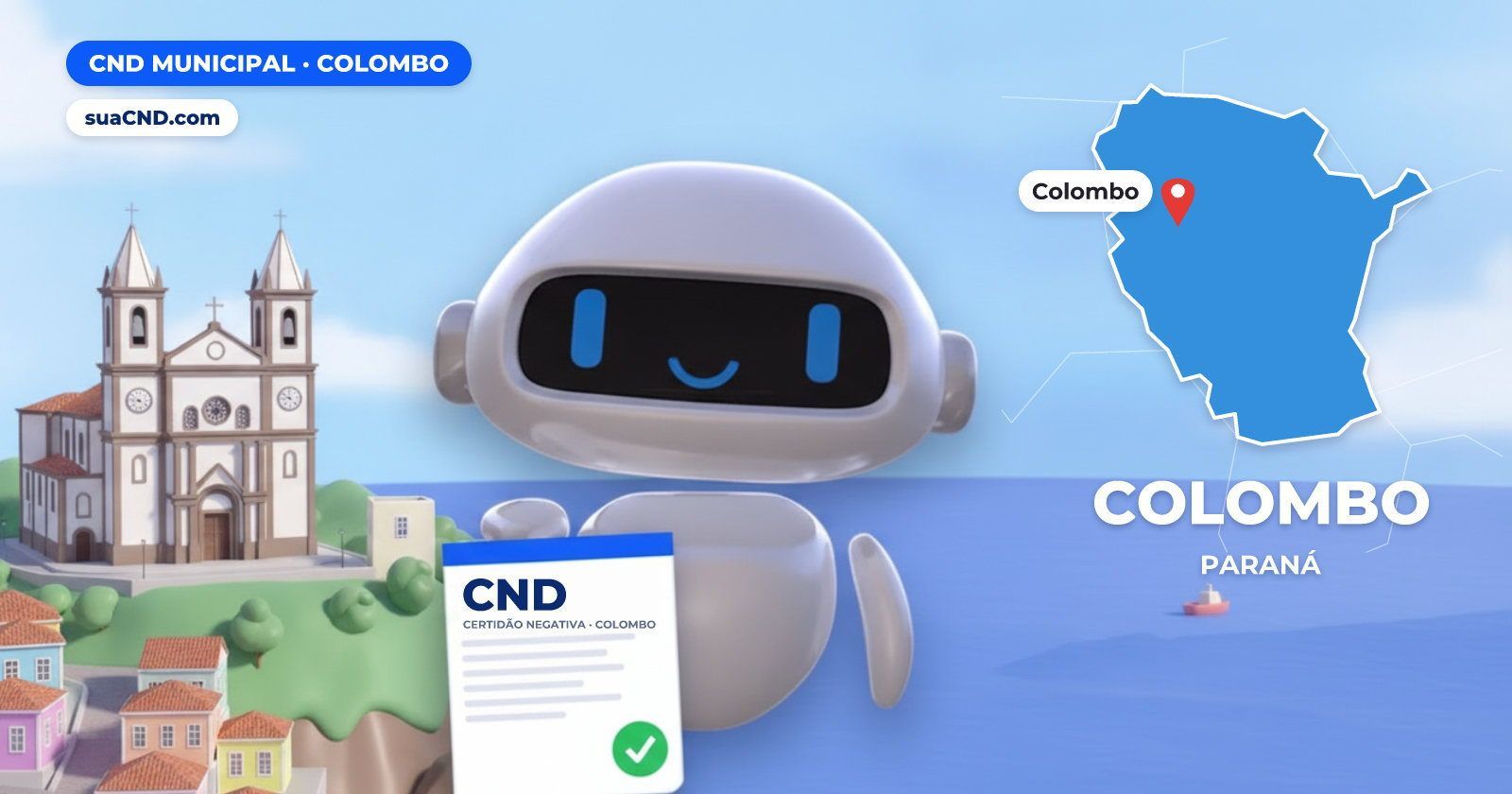 Mascote da suaCND segurando a CND Municipal de Colombo, com o mapa de Colombo e Igreja Matriz Nossa Senhora do Rosário, em Co