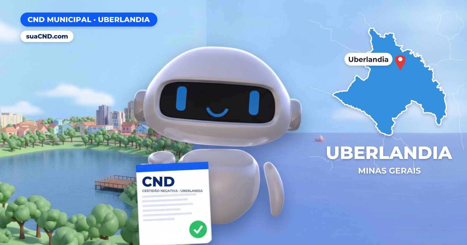Mascote da suaCND segurando a CND Municipal de Uberlandia, com o mapa de Uberlandia e Parque do Sabiá, em Uberlândia (MG) ao 