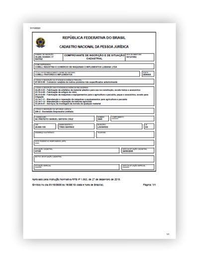 Exemplo de comprovante de inscrição no CNPJ (Cartão CNPJ)