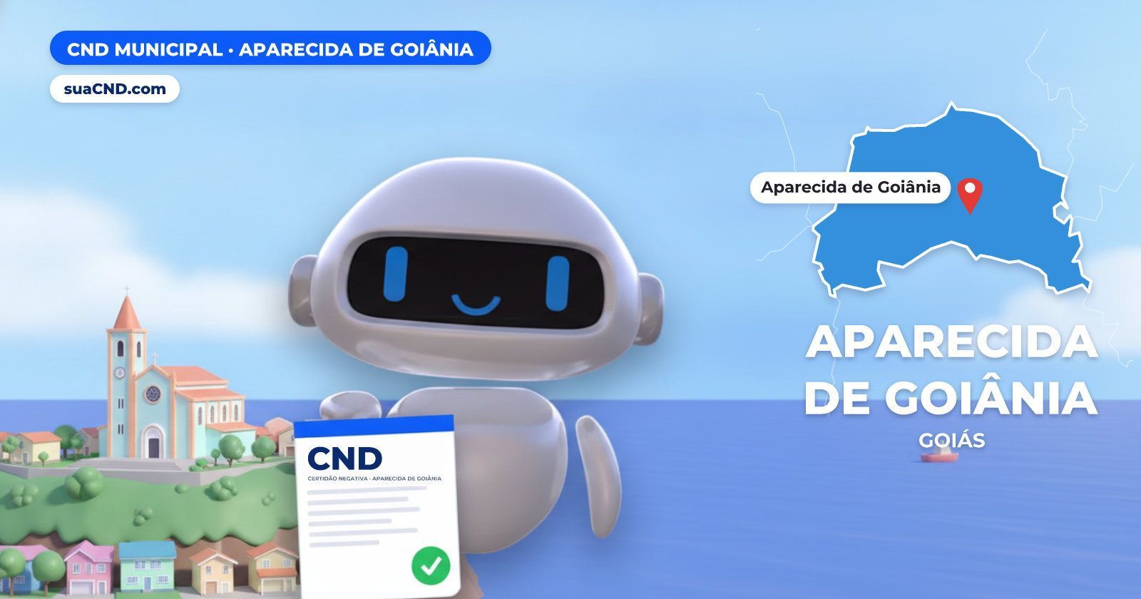 Mascote da suaCND segurando a CND Municipal de Aparecida de Goiânia, com o mapa de Aparecida de Goiânia e Igreja matriz de No