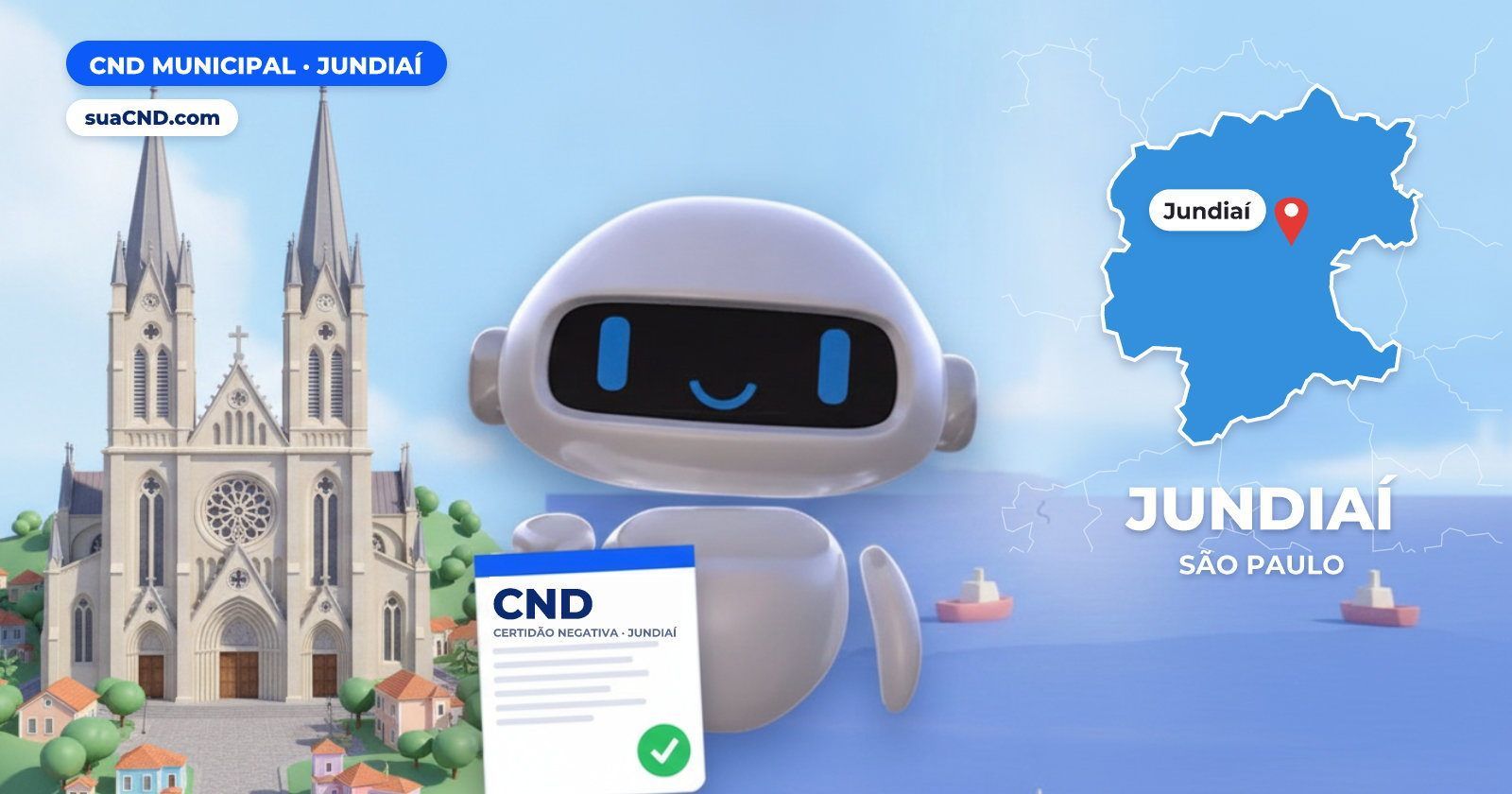 Mascote da suaCND segurando a CND Municipal de Jundiaí, com o mapa de Jundiaí e Catedral Nossa Senhora do Desterro, em Jundia