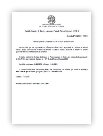 Exemplo de certidão negativa de débitos estaduais