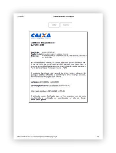 Exemplo de Certificado de Regularidade do FGTS da Caixa
