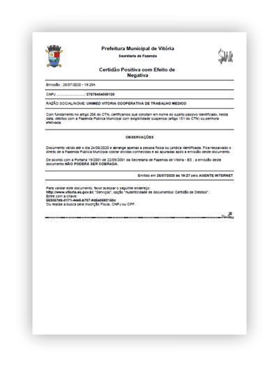 Exemplo de certidão negativa de débitos municipais