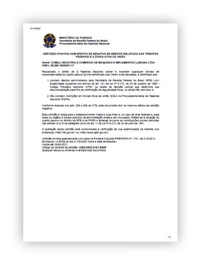 Exemplo de certidão negativa de débitos da Receita Federal