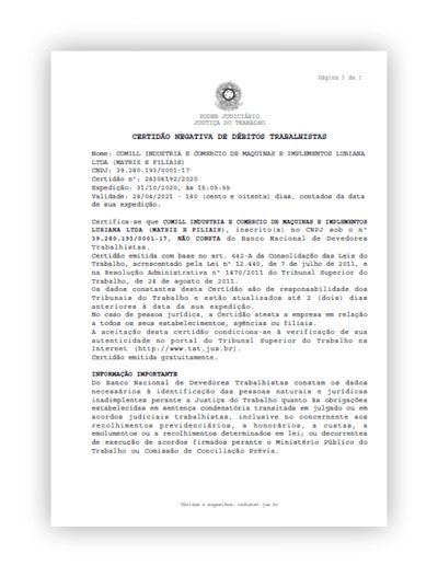Exemplo de Certidão Negativa de Débitos Trabalhistas