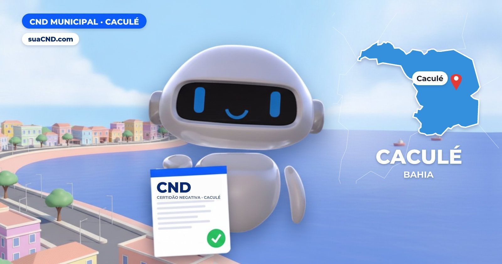 Mascote da suaCND segurando a CND Municipal de Caculé, com o mapa de Caculé e Lagoa Manoel Caculé, no centro de Caculé (BA) a