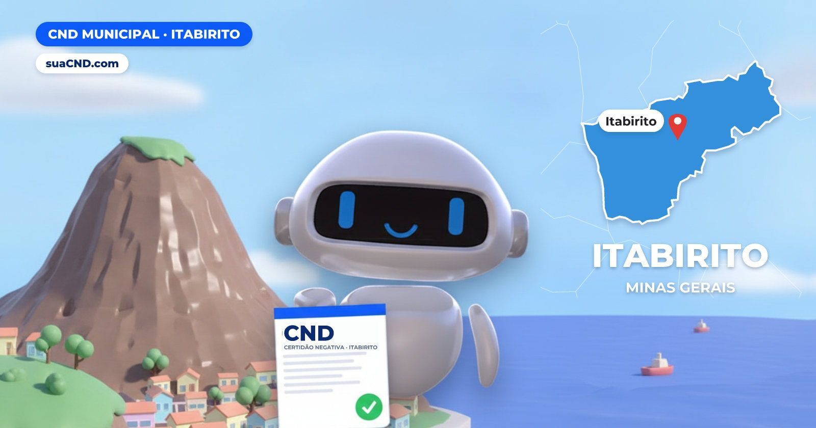 Mascote da suaCND segurando a CND Municipal de Itabirito, com o mapa de Itabirito e Pico do Itabirito, Itabirito (MG) ao fund