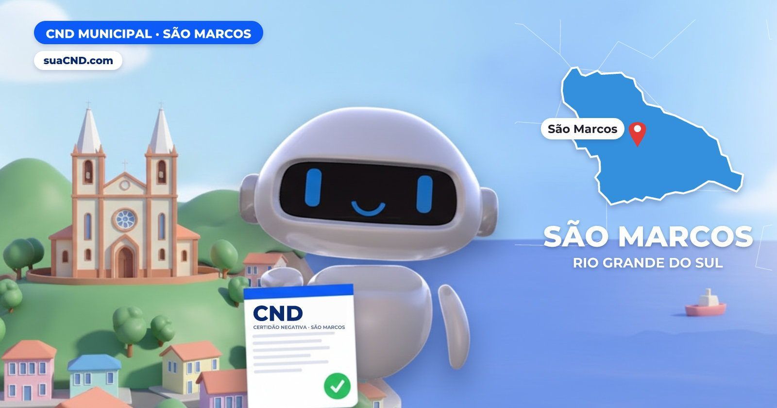 Mascote da suaCND segurando a CND Municipal de São Marcos, com o mapa de São Marcos e Igreja matriz de São Marcos (RS) ao fun