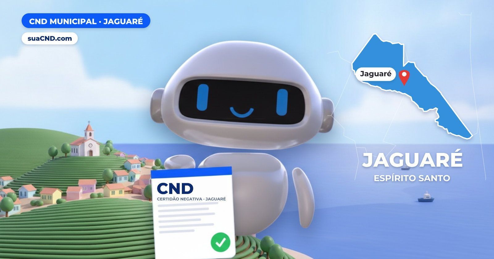 Mascote da suaCND segurando a CND municipal de Jaguaré, com o mapa do município e as lavouras ao fundo