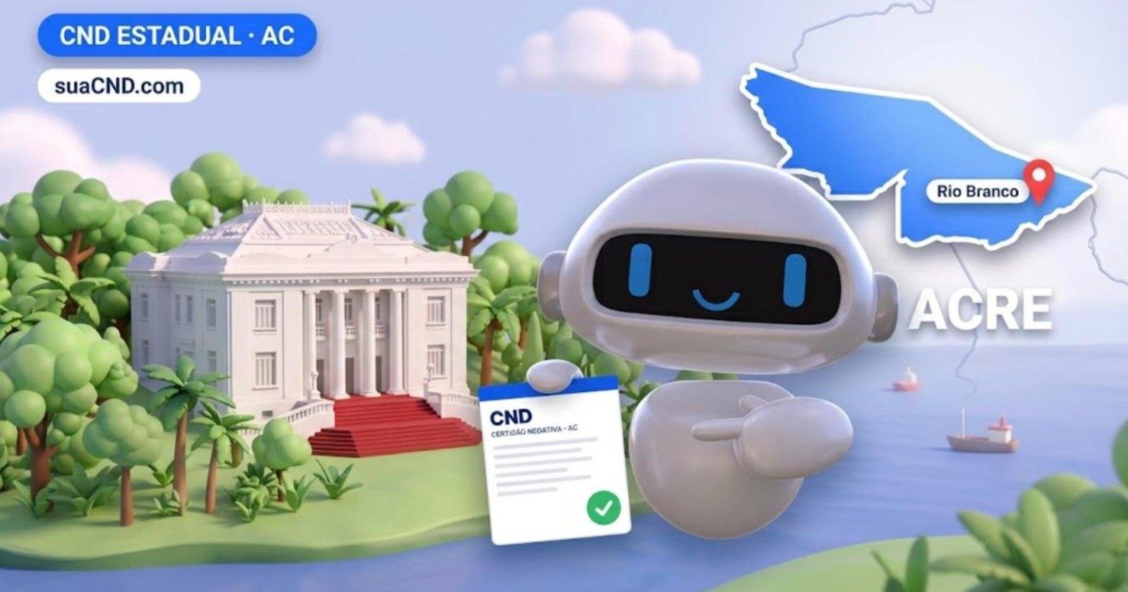 Mascote da suaCND com a CND estadual do Acre, o mapa do estado e o Palácio Rio Branco