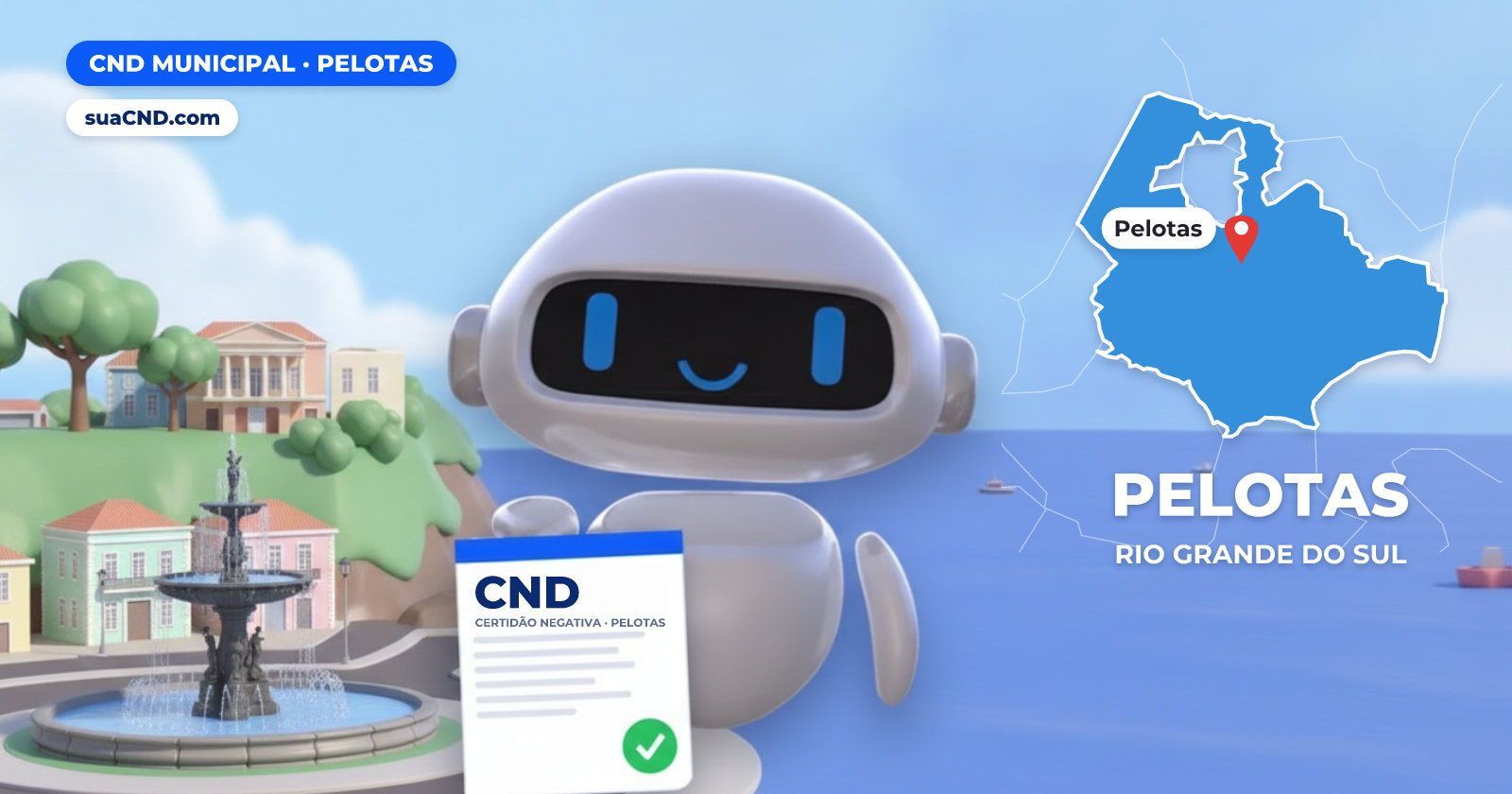 Mascote da suaCND segurando a CND Municipal de Pelotas, com o mapa de Pelotas e Fonte das Nereidas, na Praça Coronel Pedro Os
