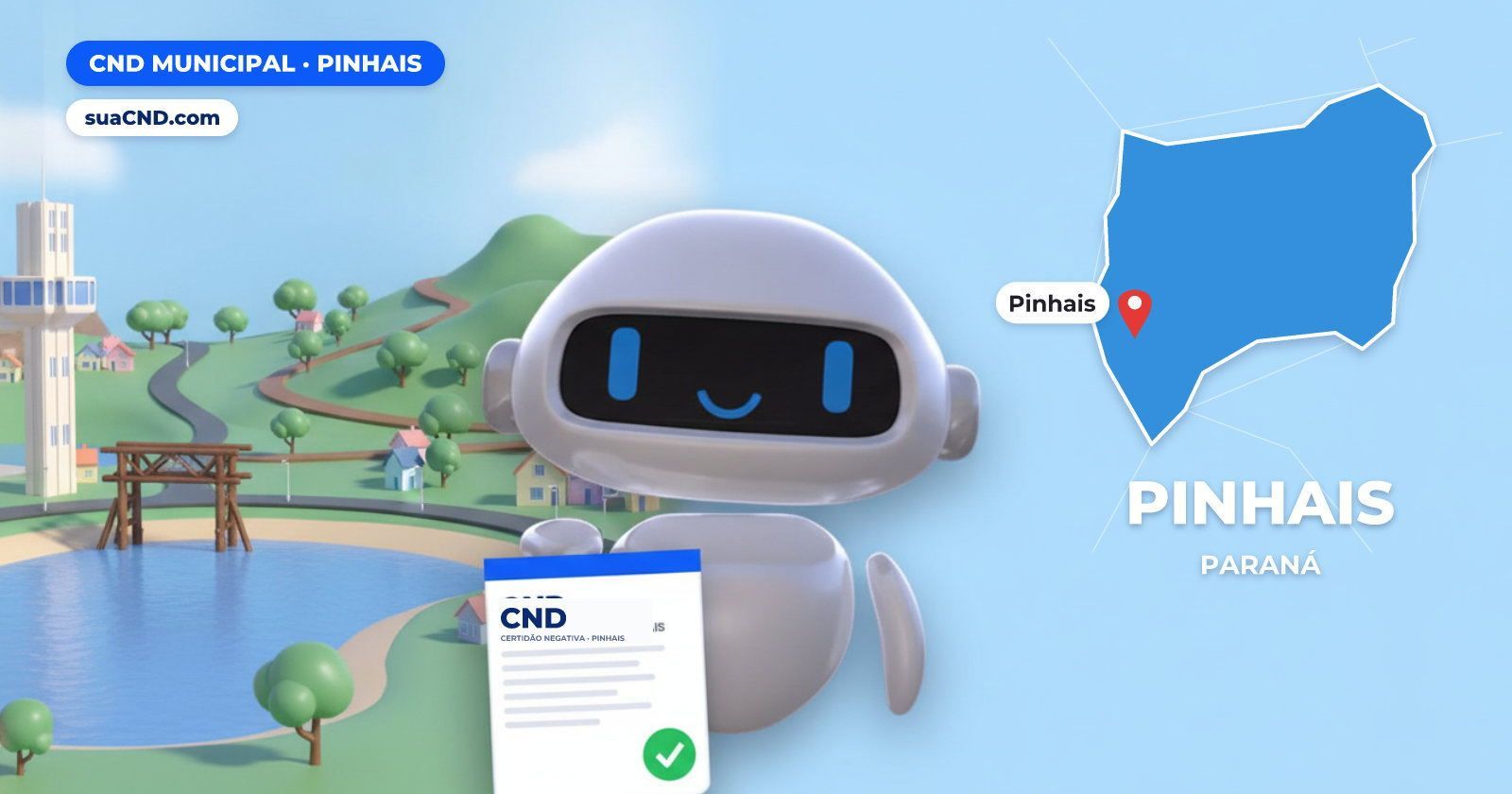 Mascote da suaCND segurando a CND Municipal de Pinhais, com o mapa de Pinhais e Parque das Águas, cartão-postal de Pinhais ao