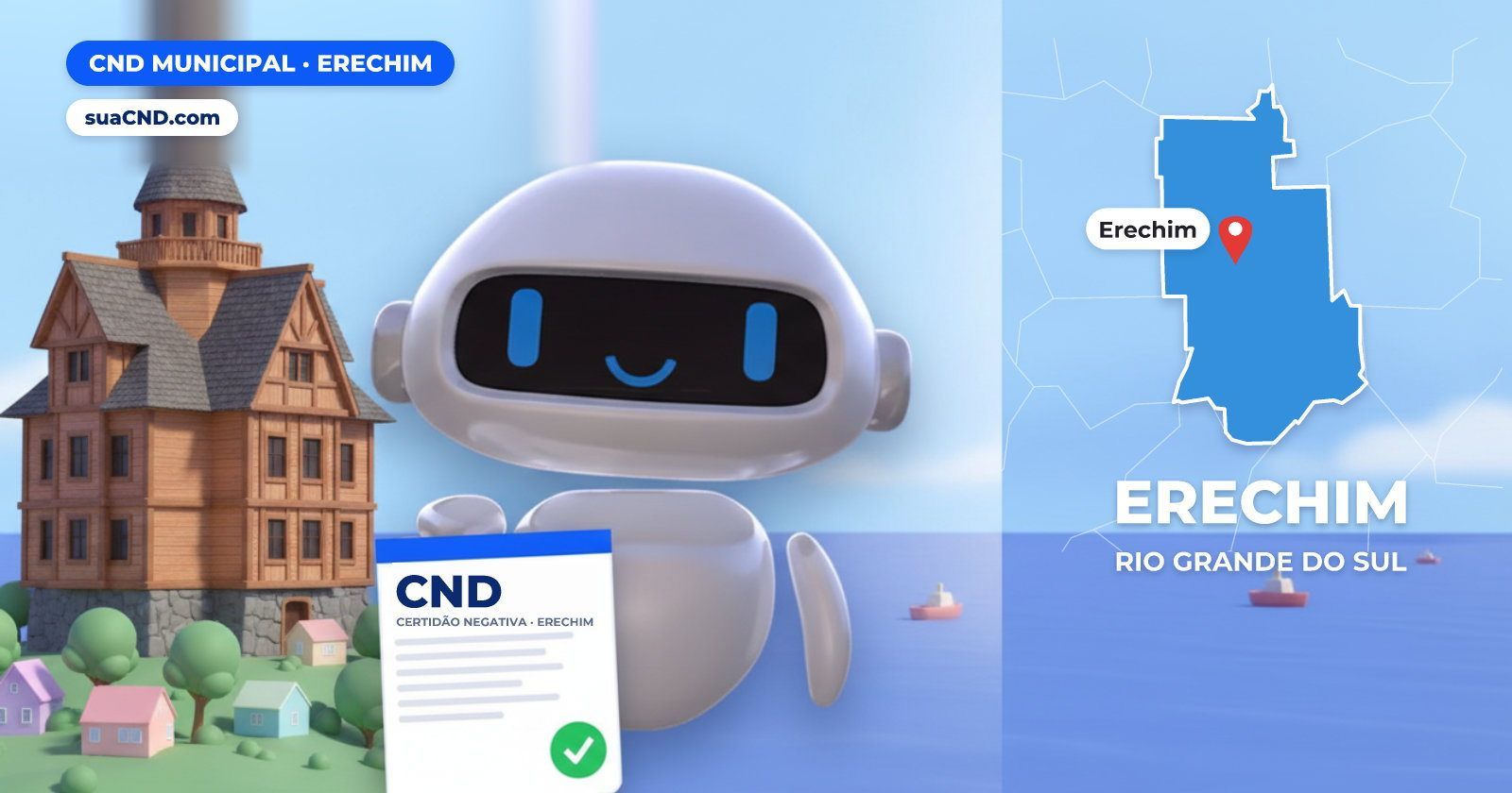 Mascote da suaCND segurando a CND Municipal de Erechim, com o mapa de Erechim e Castelinho de Erechim, símbolo da cidade ao f