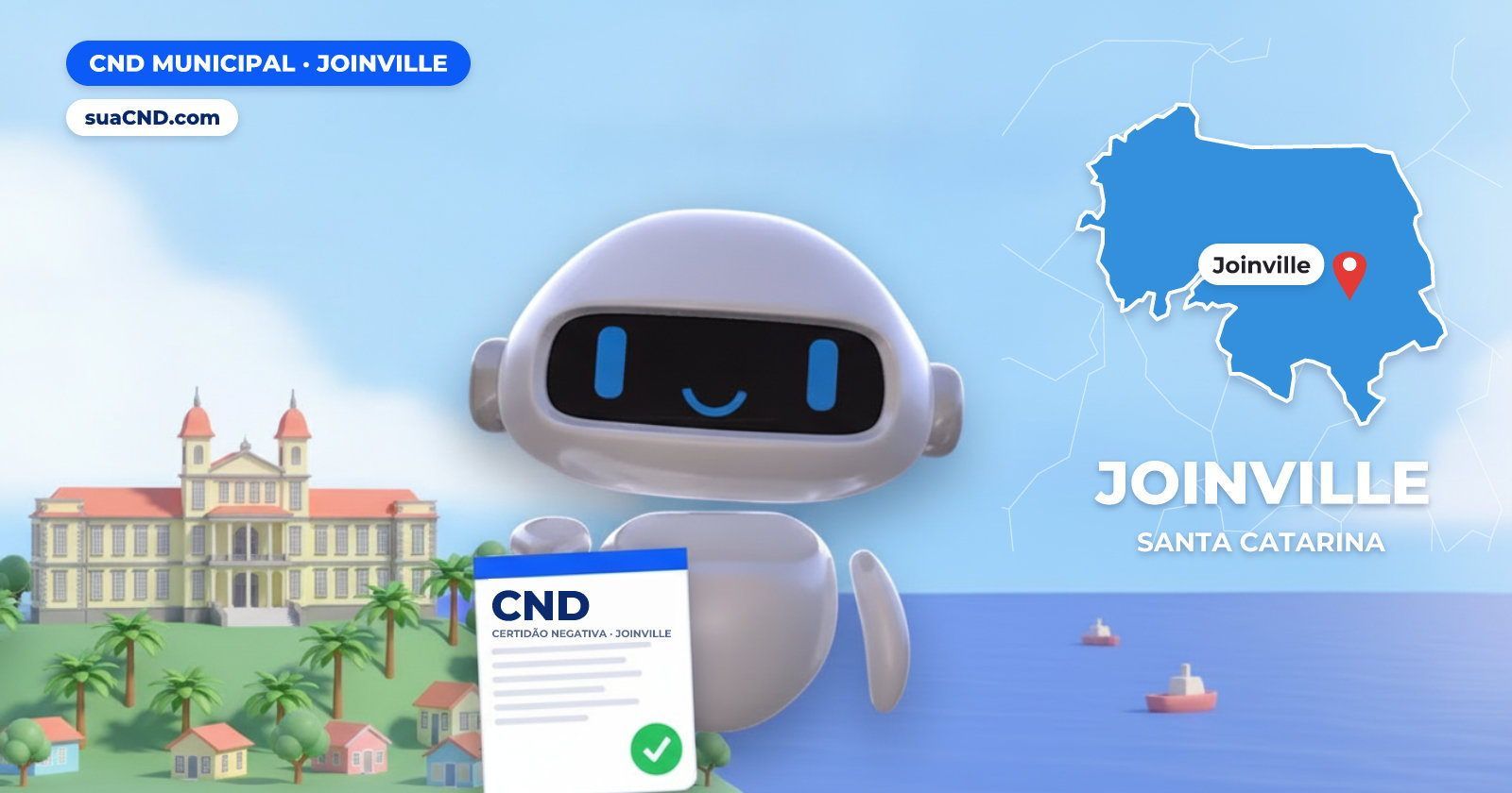 Mascote da suaCND segurando a CND Municipal de Joinville, com o mapa de Joinville e Museu Nacional de Imigração e Colonização