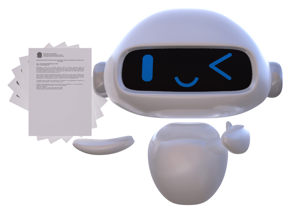 Mascote da suaCND, um robô, entregando certidões