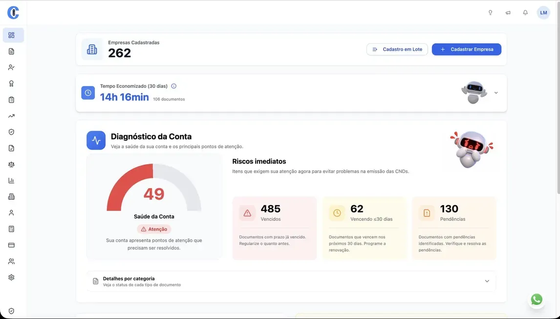 Painel da suaCND com diagnóstico da conta e documentos vencidos