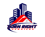 Turn Right Services logo with black text and blue swoosh arrow on white background