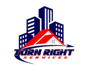 Turn Right Services logo with black text and blue swoosh arrow on white background