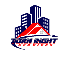 Turn Right Services logo with navy buildings and a red roof house icon