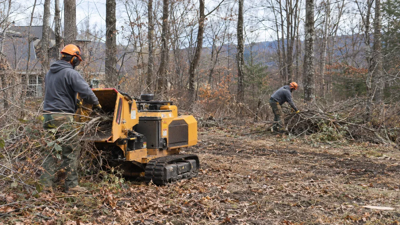 A tree care professional in a hardhat operating a wood chipper to clear brush in a wooded area during an article about What's the Best Season to Schedule Brush Removal in the Poconos?.